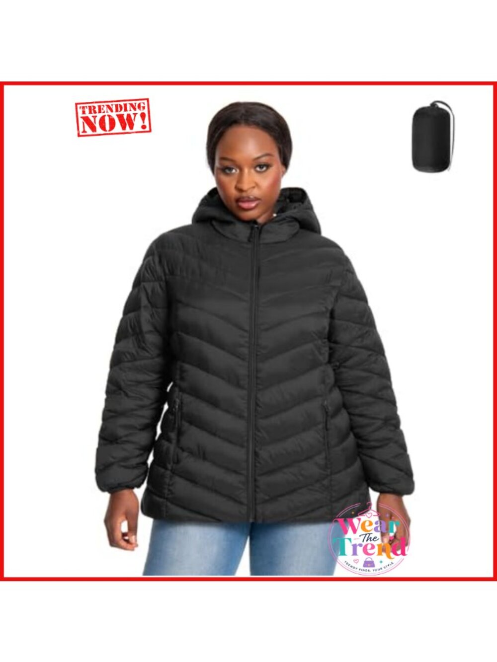 Plus Size Quilted Puffer Jacket Packable Water-Resistant Hooded Winter Coat